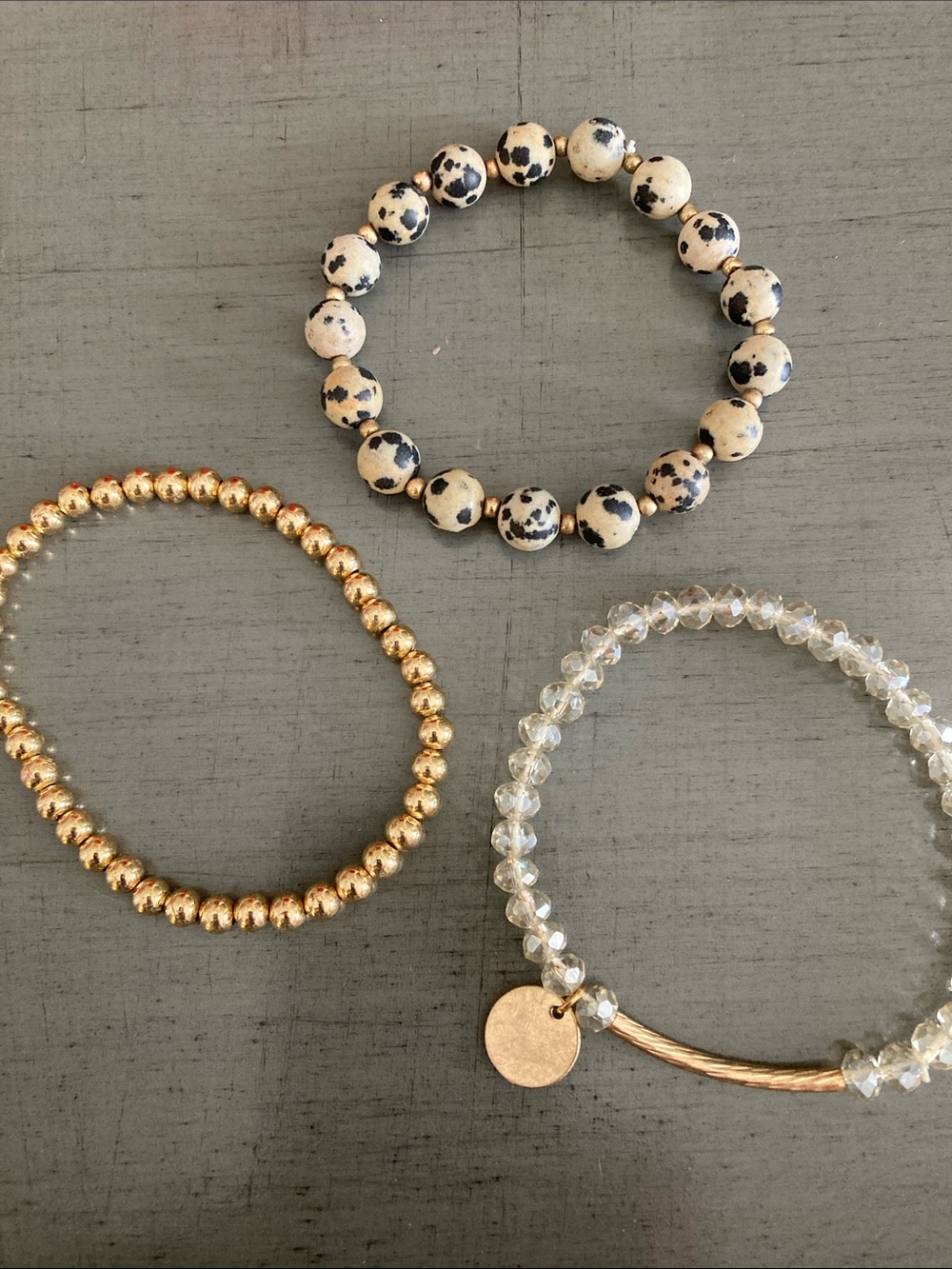Neutral Dalmatian Jasper and Gold Bead Bracelet Set - Women Jewelry